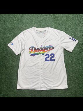 La Dodgers Baseball Jersey Mens Size XL White LA Pride Short Sleeve MLB